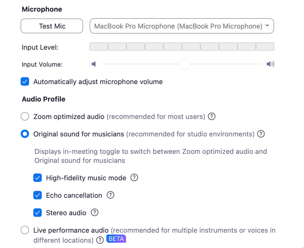 Audio settings for Zoom